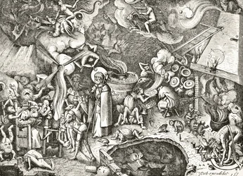 St. James the Elder combating the diabolical enchantments of a magician, engraved in the 16th century after a composition by Brueghel the Elder, from 